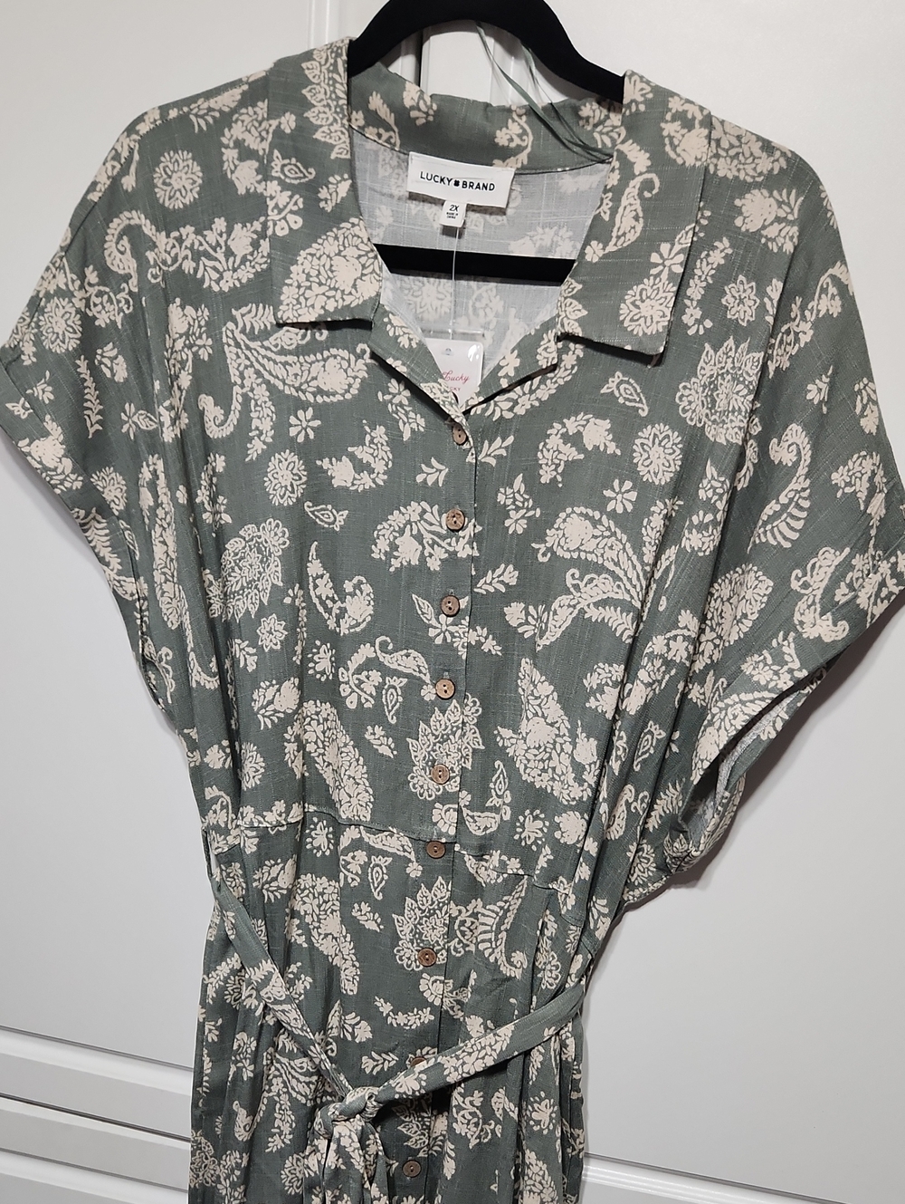 Lucky Brand Sage Green Paisley Button-Front Midi Dress